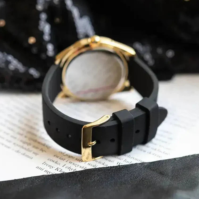  Shop Authentic Guess Cubed Analog Gold Dial Black Silicone Strap Watch For Women - GW0665L1 - Luxxuri