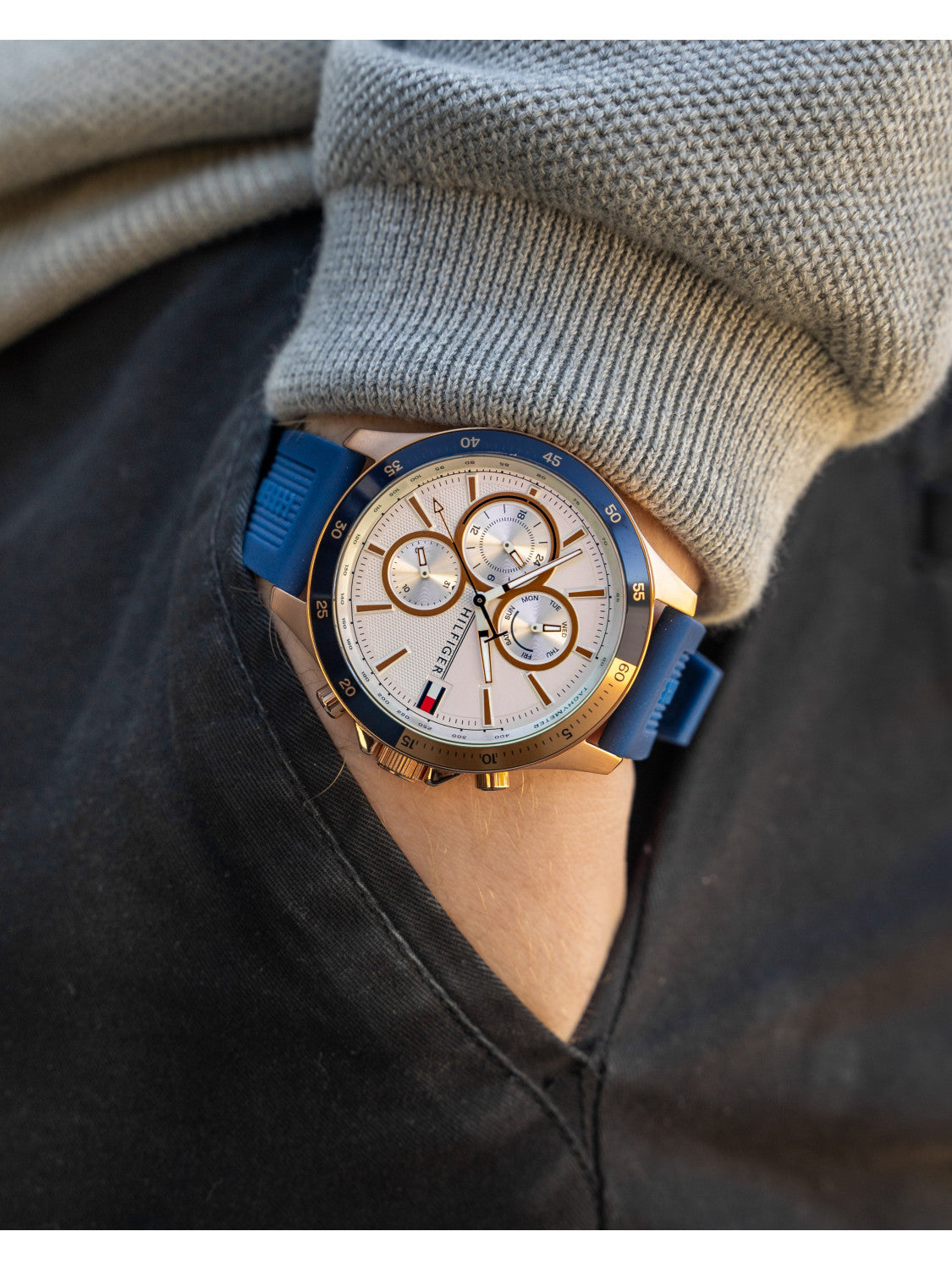  Shop Authentic Tommy Hilfiger Bank Multifunction Quartz White Dial Blue Rubber Strap Watch for Men - 1791778 - Luxxuri