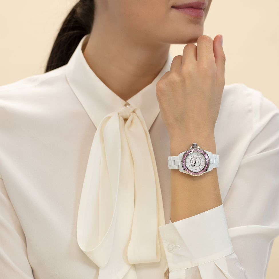  Shop Authentic Chanel J12 Sapphire Bezel Ceramic White Dial White Steel Strap Watch for Women - J12 H2010 - Luxxuri