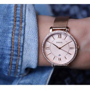  Shop Authentic Fossil Jacqueline Quartz Rose Gold Dial Rose Gold Mesh Strap Watch for Women - ES4628 - Luxxuri