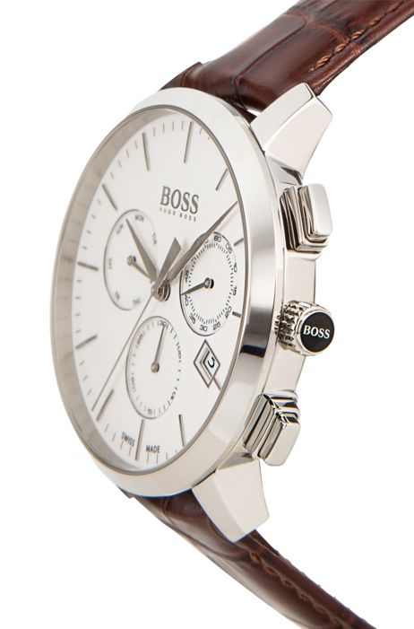  Shop Authentic Hugo Boss Slim Chronograph White Dial Brown Leather Strap Watch For Men - 1513263 - Luxxuri