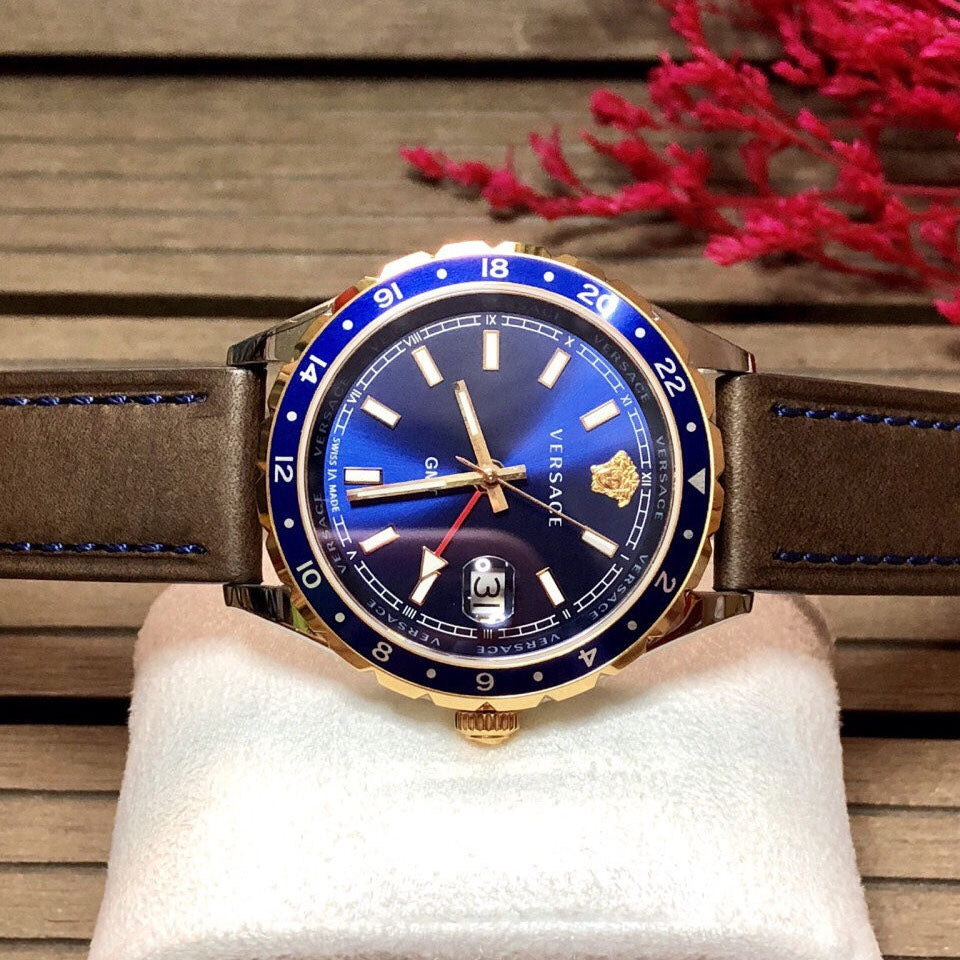  Shop Authentic Versace Hellenyium GMT Blue Dial Brown Leather Strap Watch for Men - V11080017 - Luxxuri