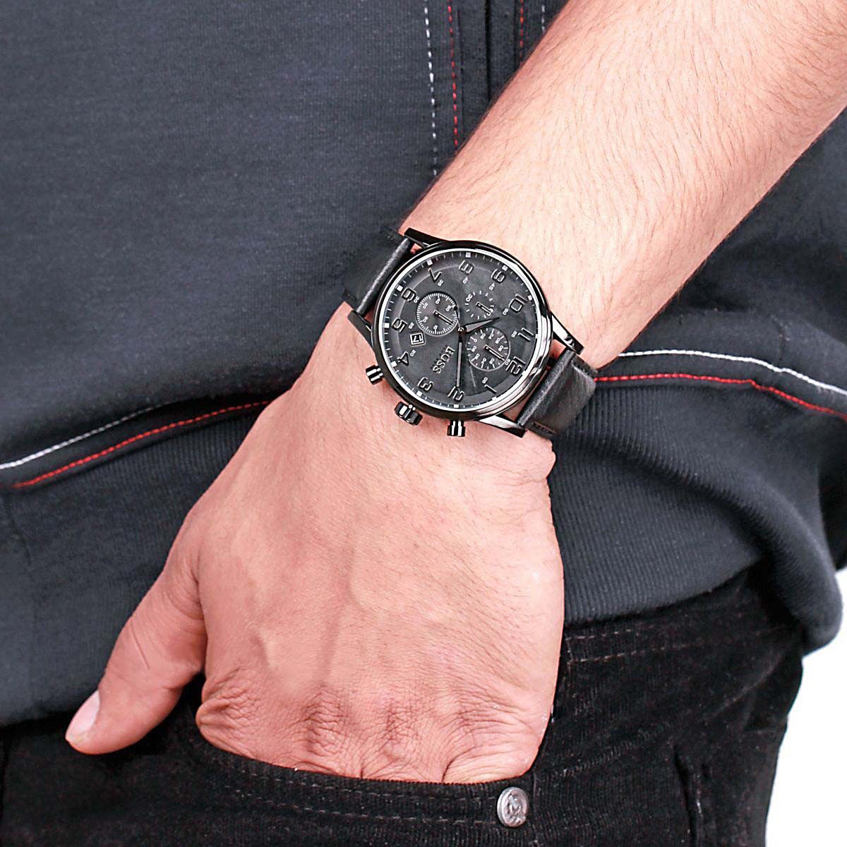  Shop Authentic Hugo Boss Blackout Chronograph Black Dial Black Leather Strap Watch For Men - HB1512567 - Luxxuri