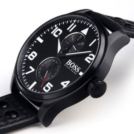  Shop Authentic Hugo Boss Aeroliner Black Dial Black Leather Strap Watch For Men - 1513083 - Luxxuri