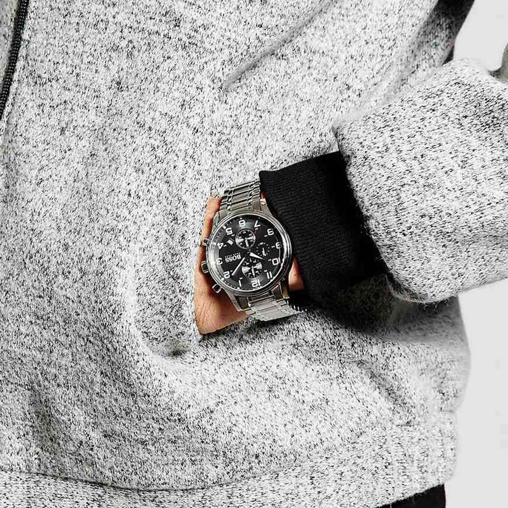  Shop Authentic Hugo Boss Aeroliner Black Dial Silver Steel Strap Watch for Men - 1513181 - Luxxuri
