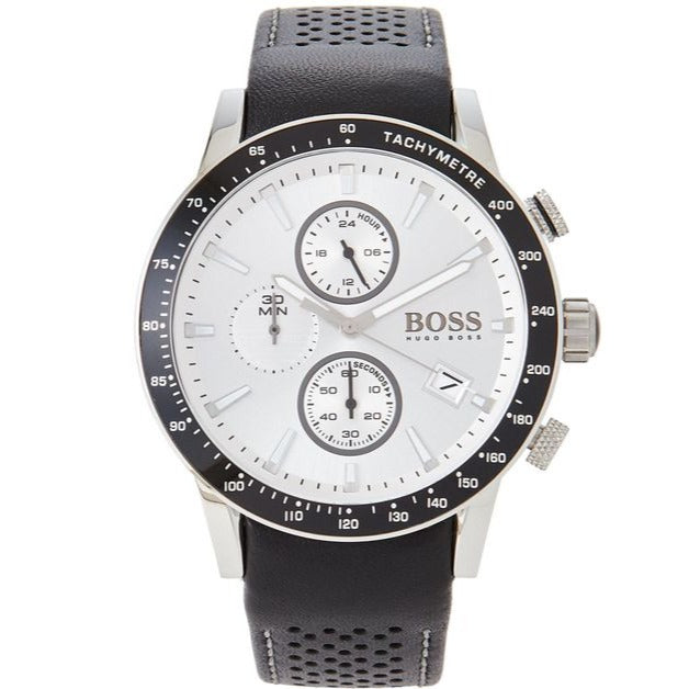  Shop Authentic Hugo Boss Rafale Chronograph Quartz Silver Dial Black Leather Strap Watch For Men - 1513403 - Luxxuri