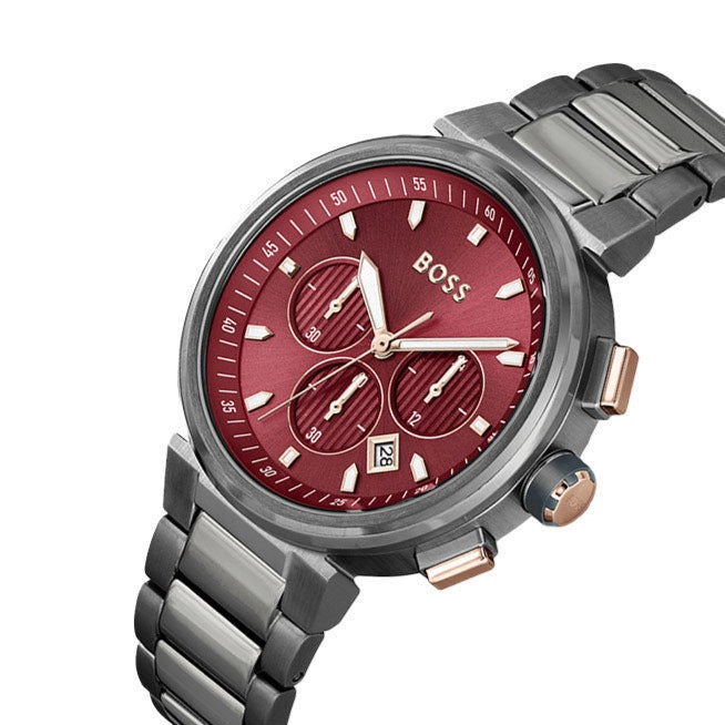  Shop Authentic Hugo Boss One Chronograph Red Dial Grey Steel Strap Watch For Men - 1514000 - Luxxuri