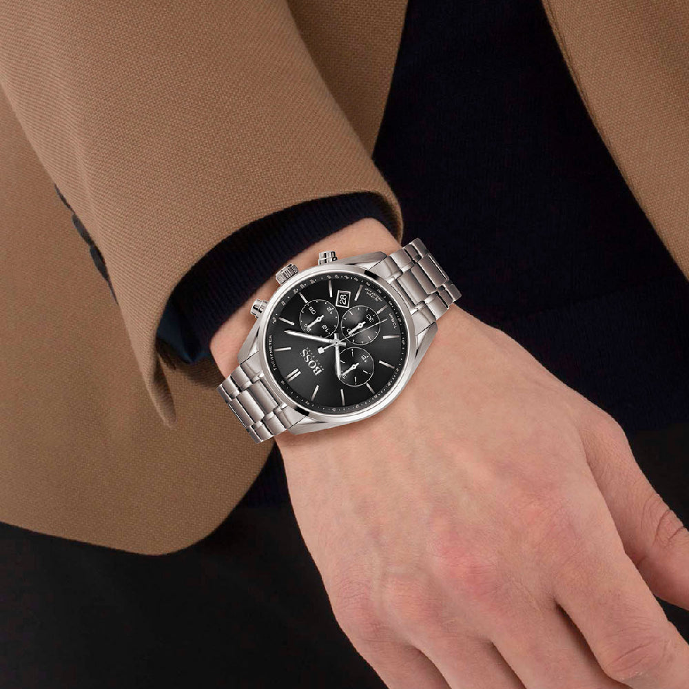  Shop Authentic Hugo Boss View Chronograph Black Dial Silver Steel Strap Watch For Men - 1514008 - Luxxuri
