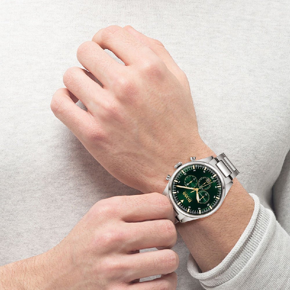  Shop Authentic Hugo Boss Pioneer Green Dial Silver Steel Strap Watch for Men - 1513868 - Luxxuri