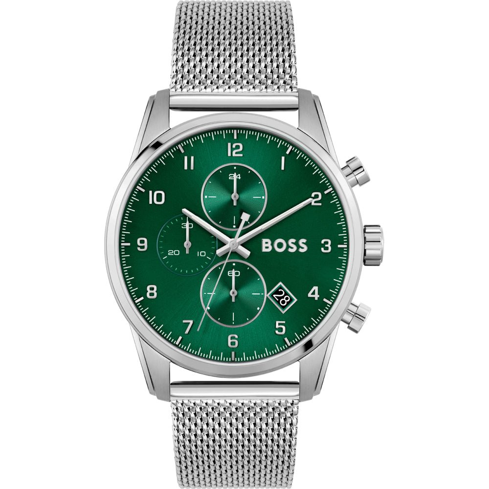  Shop Authentic Hugo Boss Skymaster Green Dial Silver Mesh Bracelet Watch for Men - 1513938 - Luxxuri