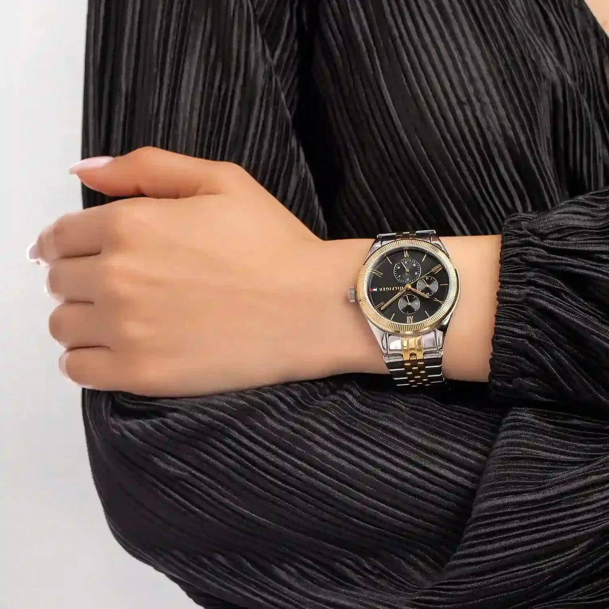  Shop Authentic Tommy Hilfiger Monica Chronograph Black Dial Two Tone Steel Strap Watch For Women - 1782591 - Luxxuri