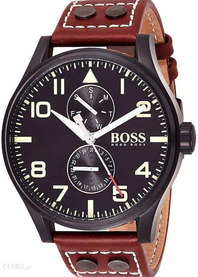  Shop Authentic Hugo Boss Aeroliner Day Date Black Dial Brown Leather Strap Watch For Men - HB1513079 - Luxxuri