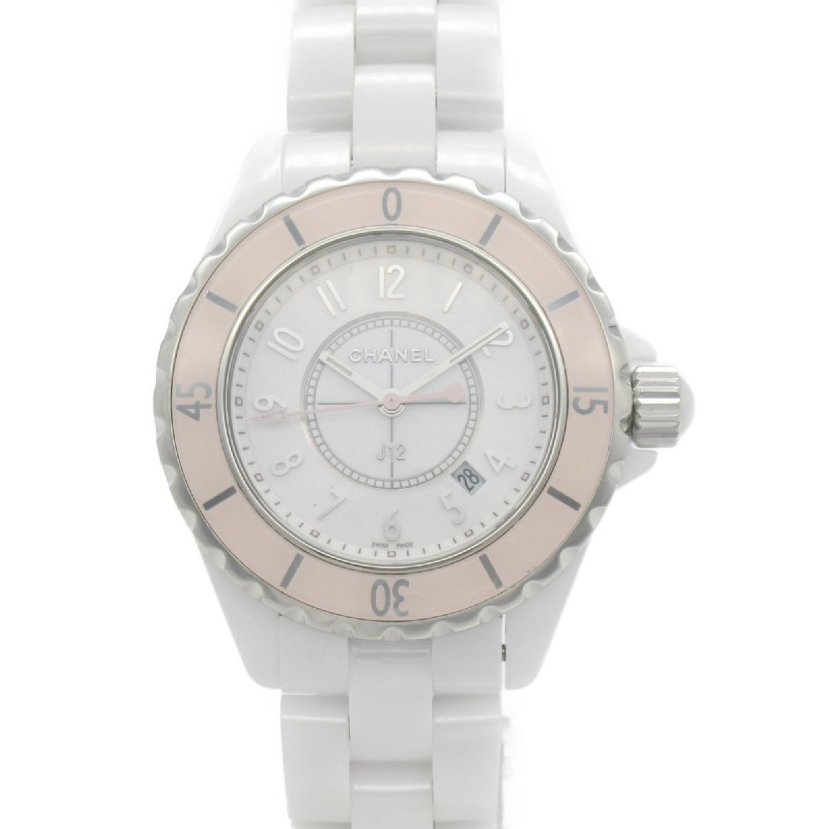  Shop Authentic Chanel J12 Quartz Diamonds Pink Dial White Steel Strap Watch for Women - J12 H5513 - Luxxuri