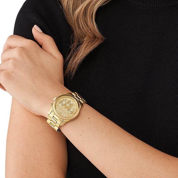  Shop Authentic Michael Kors Runway Chronograph Gold Dial Gold Steel Strap Watch For Women - MK7323 - Luxxuri