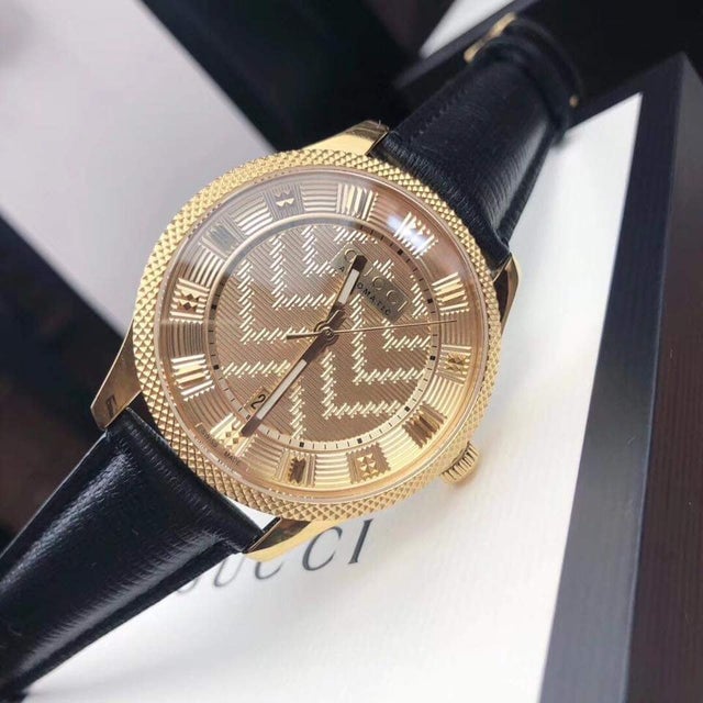  Shop Authentic Gucci Eryx Automatic Chevron Gold Dial Black Leather Strap Watch For Men - YA126340 - Luxxuri