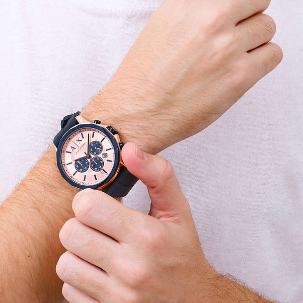  Shop Authentic Armani Exchange Hampton Chronograph Rose Gold Dial Blue Silicone Strap Watch For Men - AX1730 - Luxxuri
