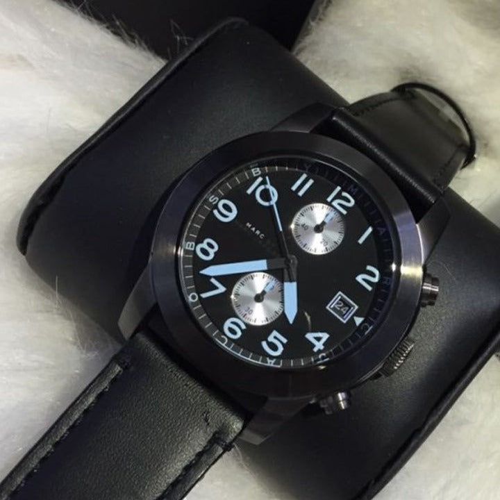  Shop Authentic Marc Jacobs Larry Chronograph Black Dial Black Leather Strap Watch for Men - MBM5054 - Luxxuri