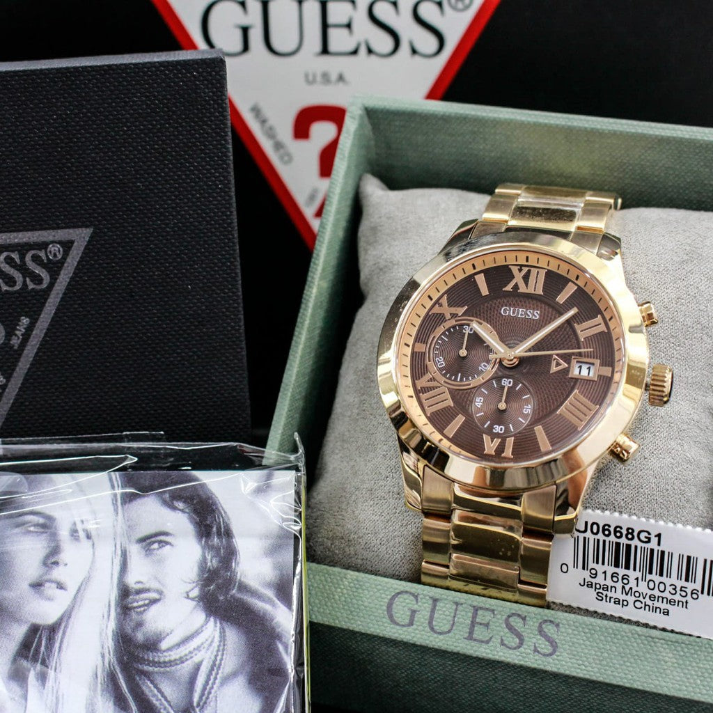  Shop Authentic Guess Iconic Signature Brown Dial Rose Gold Steel Strap Watch For Men - W0668G1 - Luxxuri