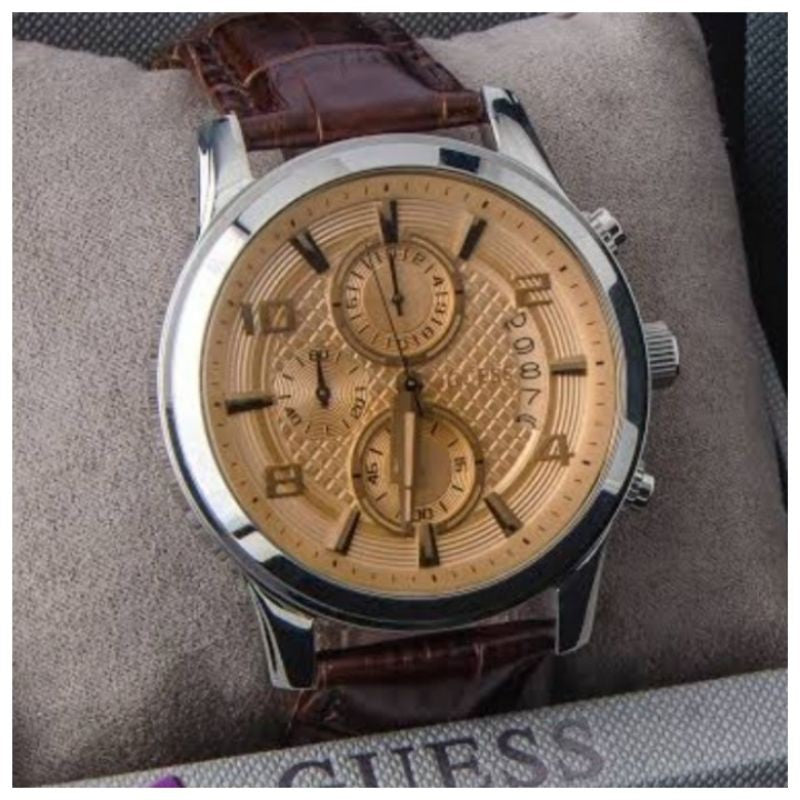  Shop Authentic Guess Exec Chronograph Quartz Gold Dial Brown Leather Strap Watch for Men - W0076G3 - Luxxuri