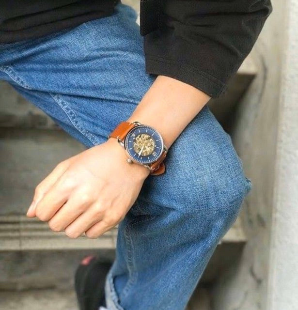  Shop Authentic Fossil Commuter Automatic Skeleton Blue Dial Brown Leather Strap Watch for Men - ME3159 - Luxxuri