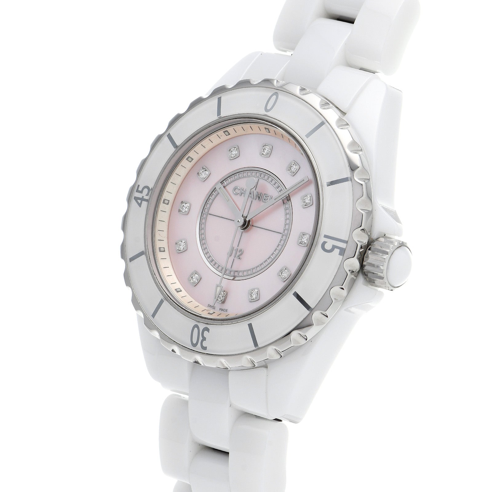  Shop Authentic Chanel J12 Quartz Diamonds Pink Dial White Steel Strap Watch for Women - J12 H5513 - Luxxuri