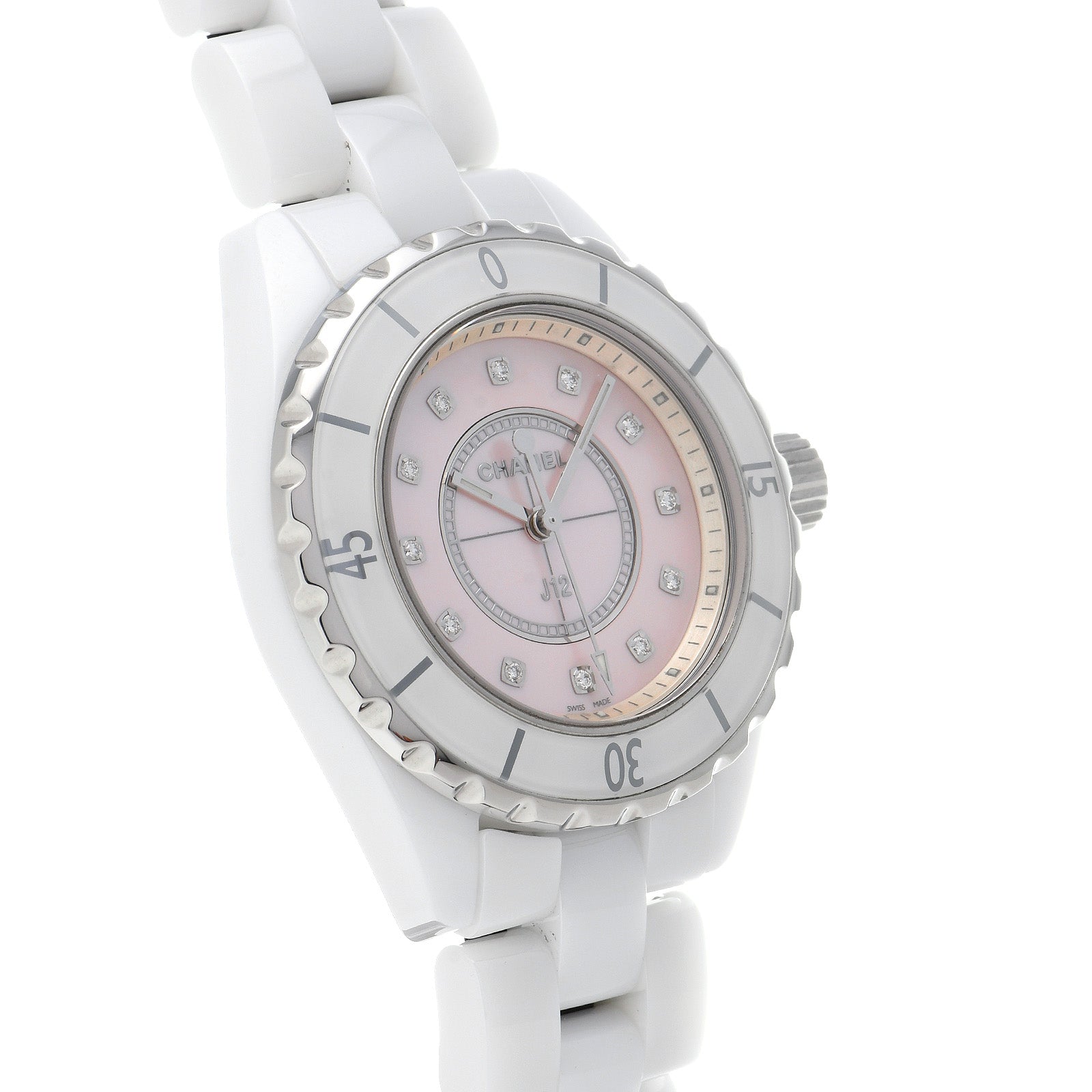  Shop Authentic Chanel J12 Quartz Diamonds Pink Dial White Steel Strap Watch for Women - J12 H5513 - Luxxuri