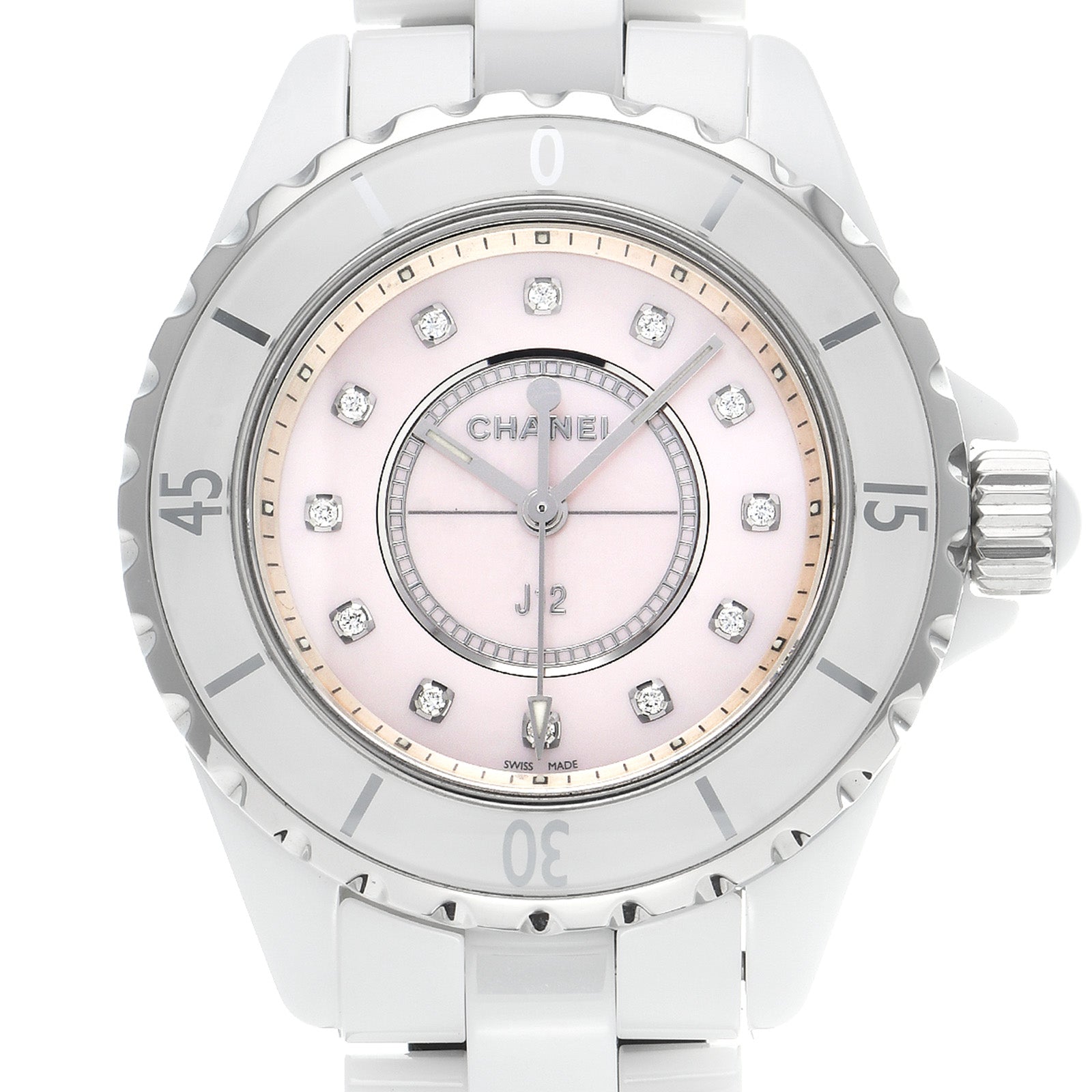  Shop Authentic Chanel J12 Quartz Diamonds Pink Dial White Steel Strap Watch for Women - J12 H5513 - Luxxuri