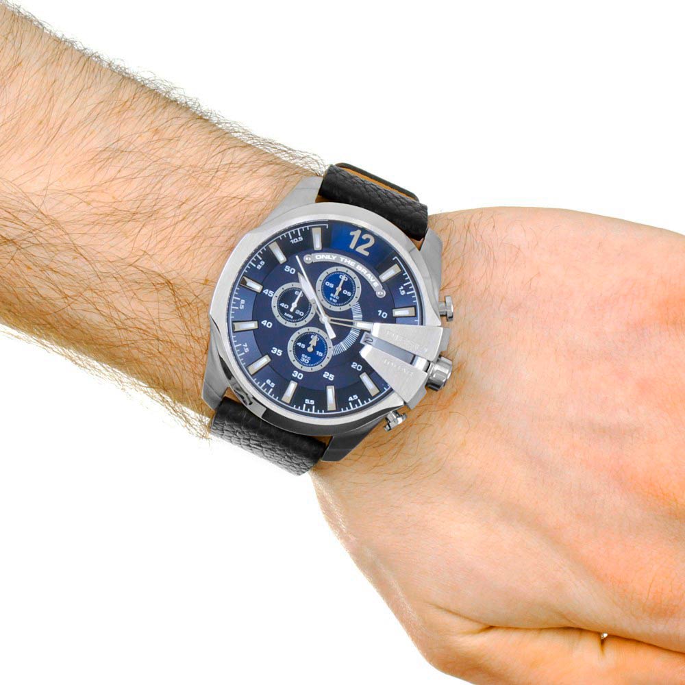  Shop Authentic Diesel Mega Chief Chronograph Blue Dial Black Leather Strap Watch For Men - DZ4423 - Luxxuri