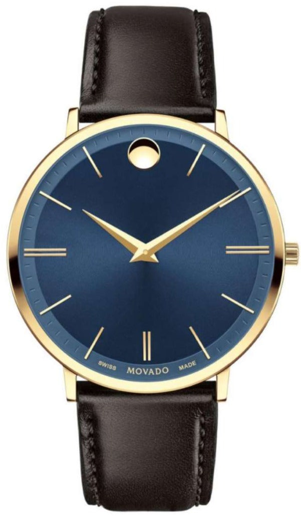  Shop Authentic Movado Ultra Slim Blue Dial Brown Leather Strap Watch For Men - 0607088 - Luxxuri
