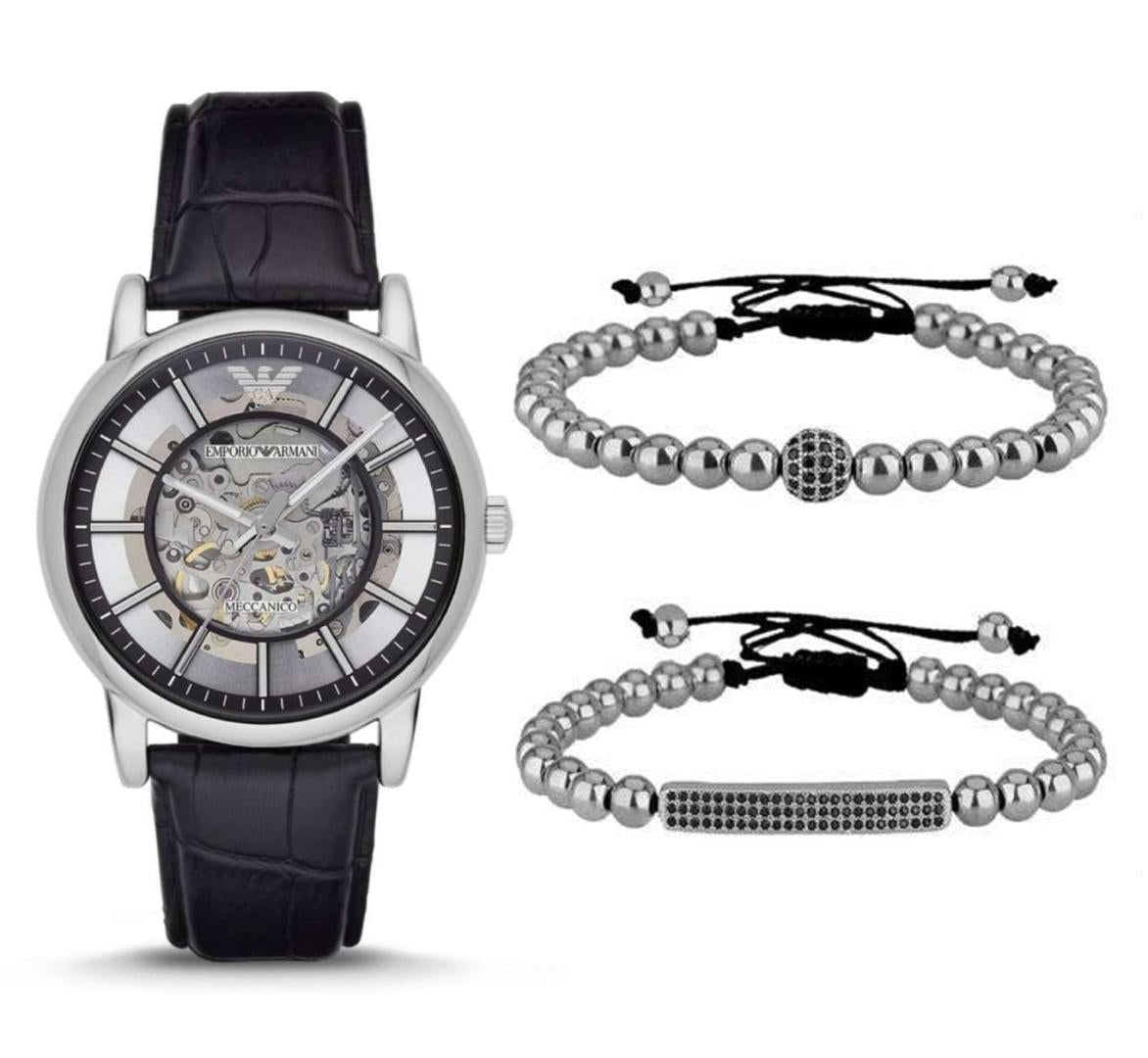  Shop Authentic Emporio Armani Luigi Silver Skeleton Dial Black Leather Strap Watch For Men - AR1981 - Luxxuri