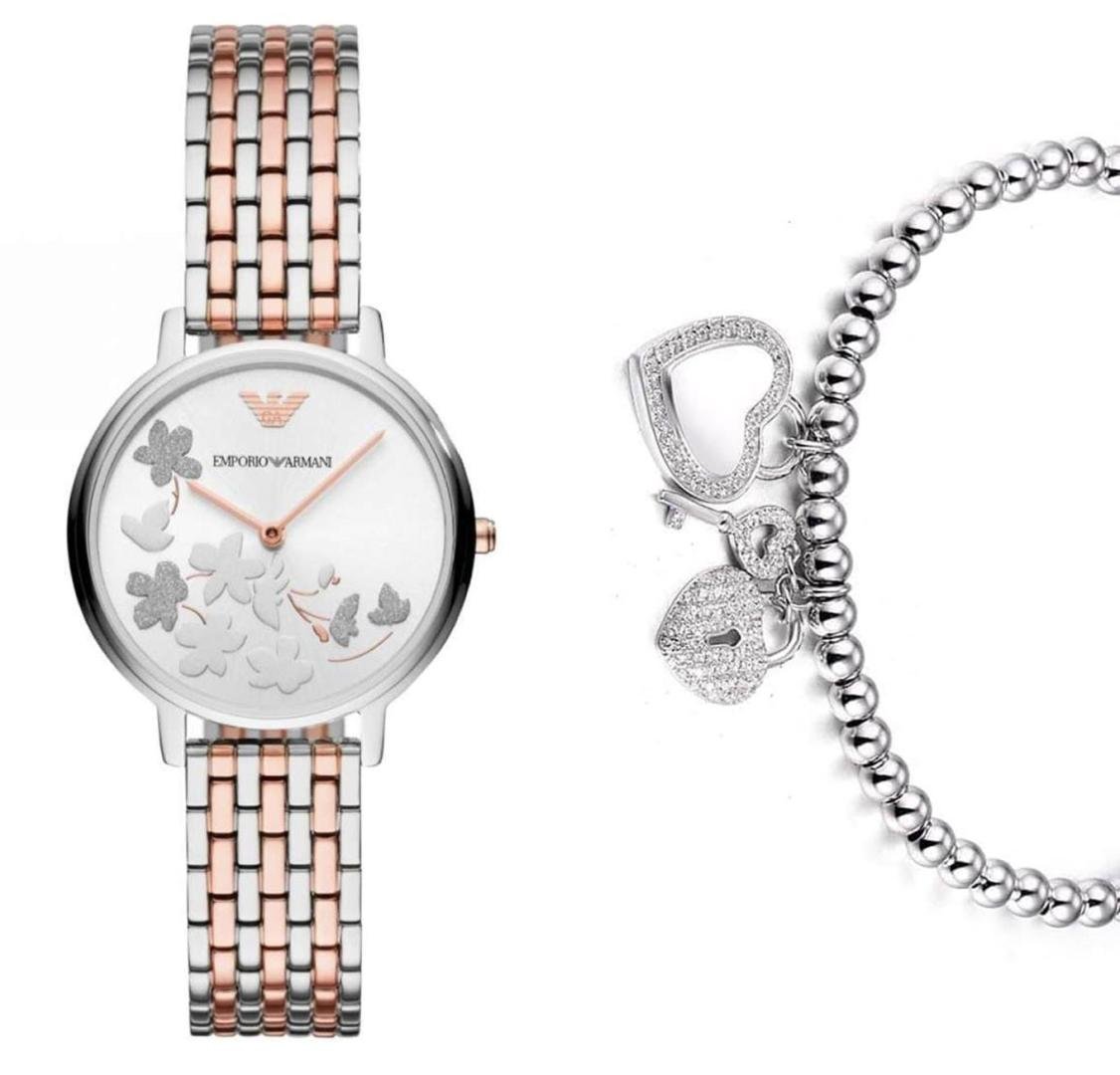  Shop Authentic Emporio Armani Silver Sunray Dial Two Tone Steel Strap Watch For Women - AR11113 - Luxxuri
