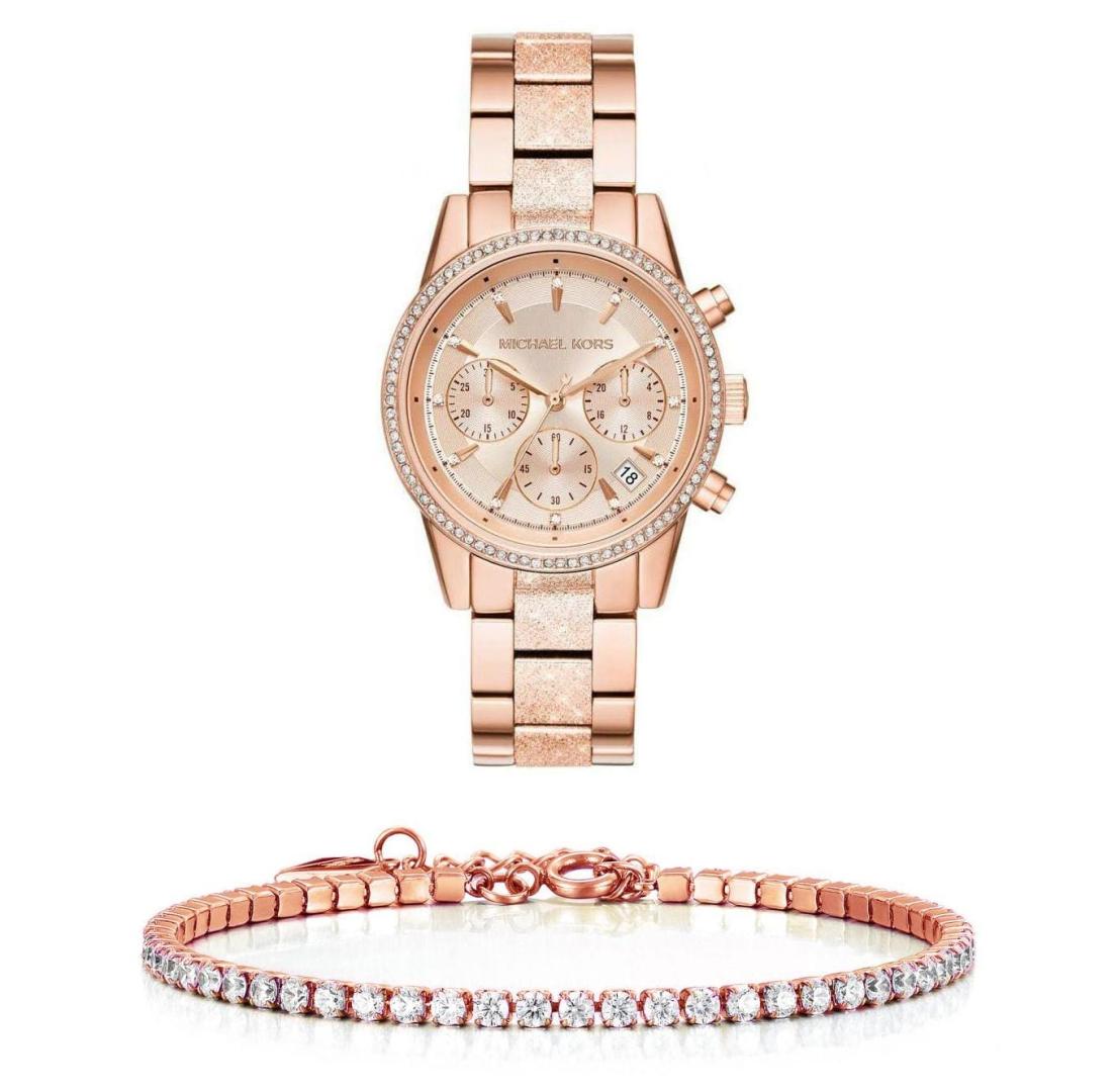  Shop Authentic Michael Kors Ritz Chronograph Rose Gold Dial Rose Gold Steel Strap Watch For Women - MK6598 - Luxxuri
