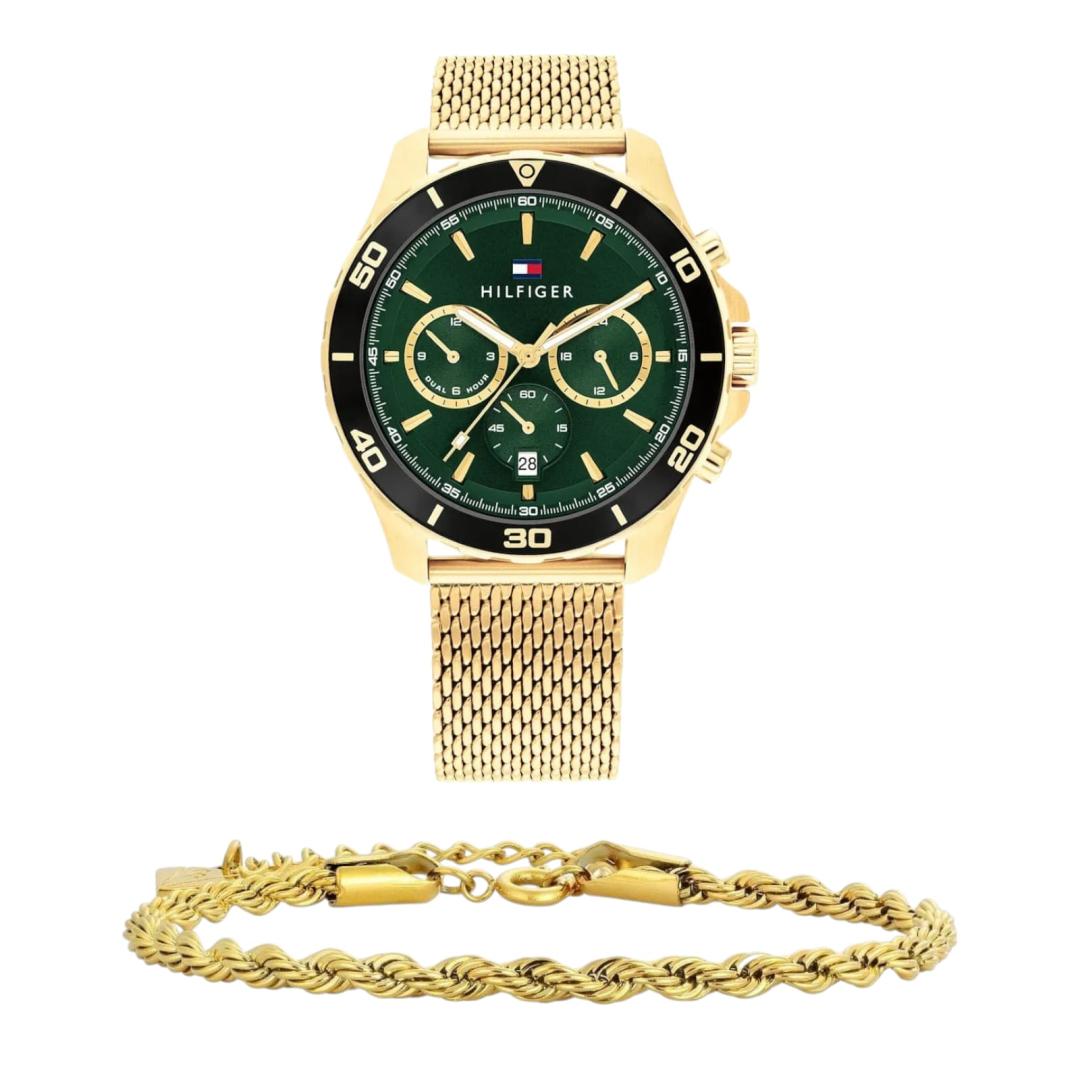  Shop Authentic Tommy Hilfiger Jordan Chronograph Green Dial Gold Mesh Strap Watch For Men - 1792093 - Luxxuri