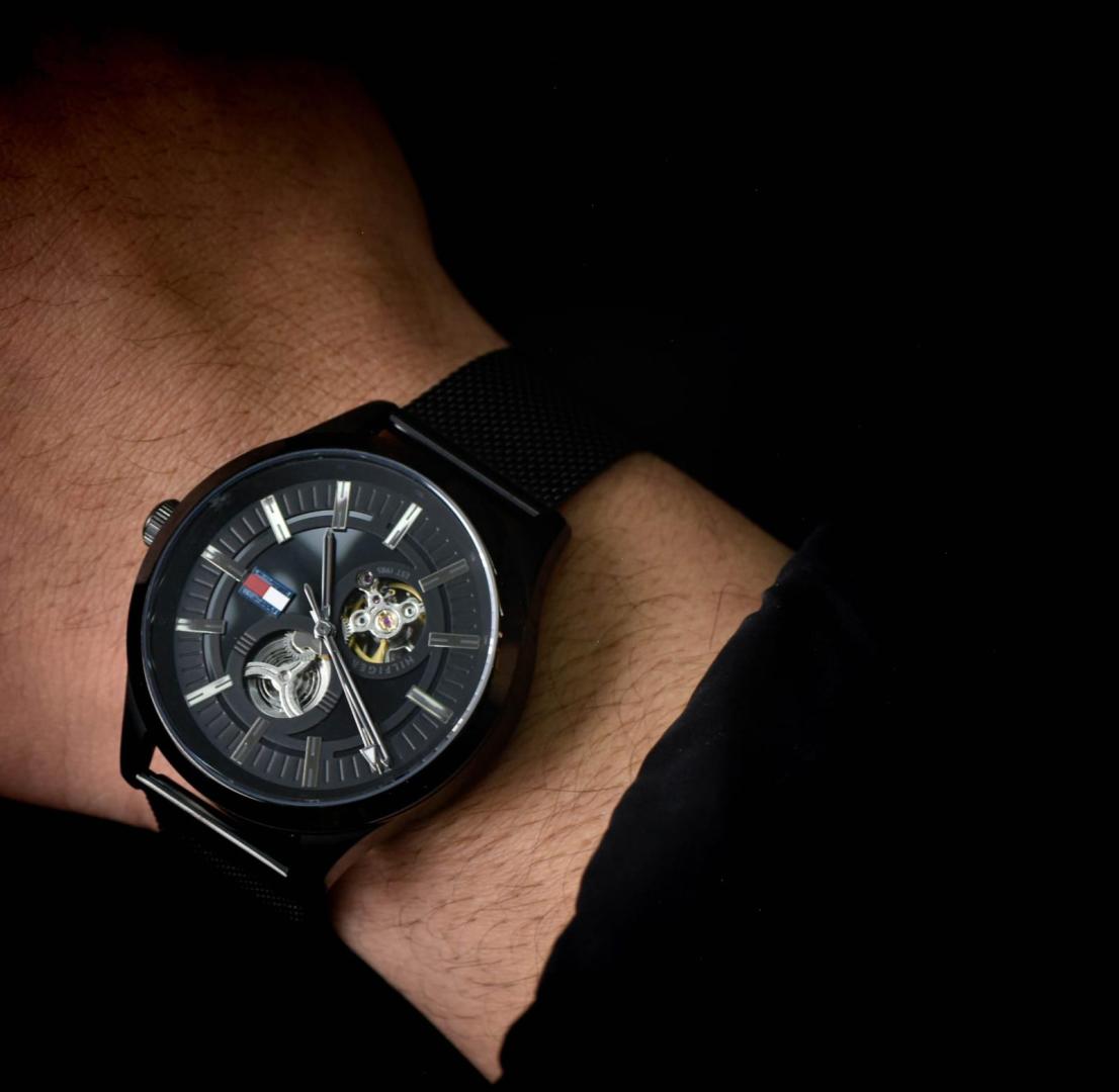 Shop Authentic Tommy Hilfiger Spencer Skeleton Black Dial Black Mesh Bracelet Watch for Men - 1791644 - Luxxuri
