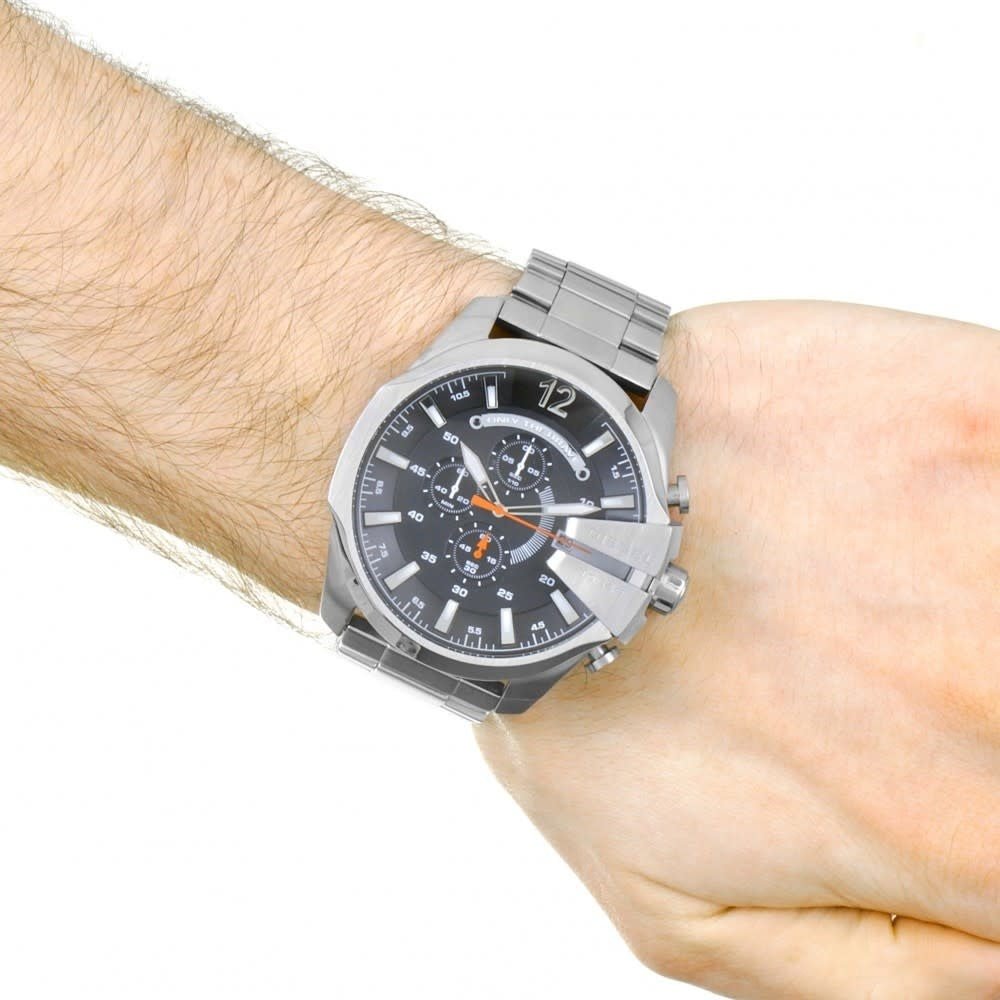  Shop Authentic Diesel Mega Chief Chronograph Black Dial Silver Steel Strap Watch For Men - DZ4308 - Luxxuri