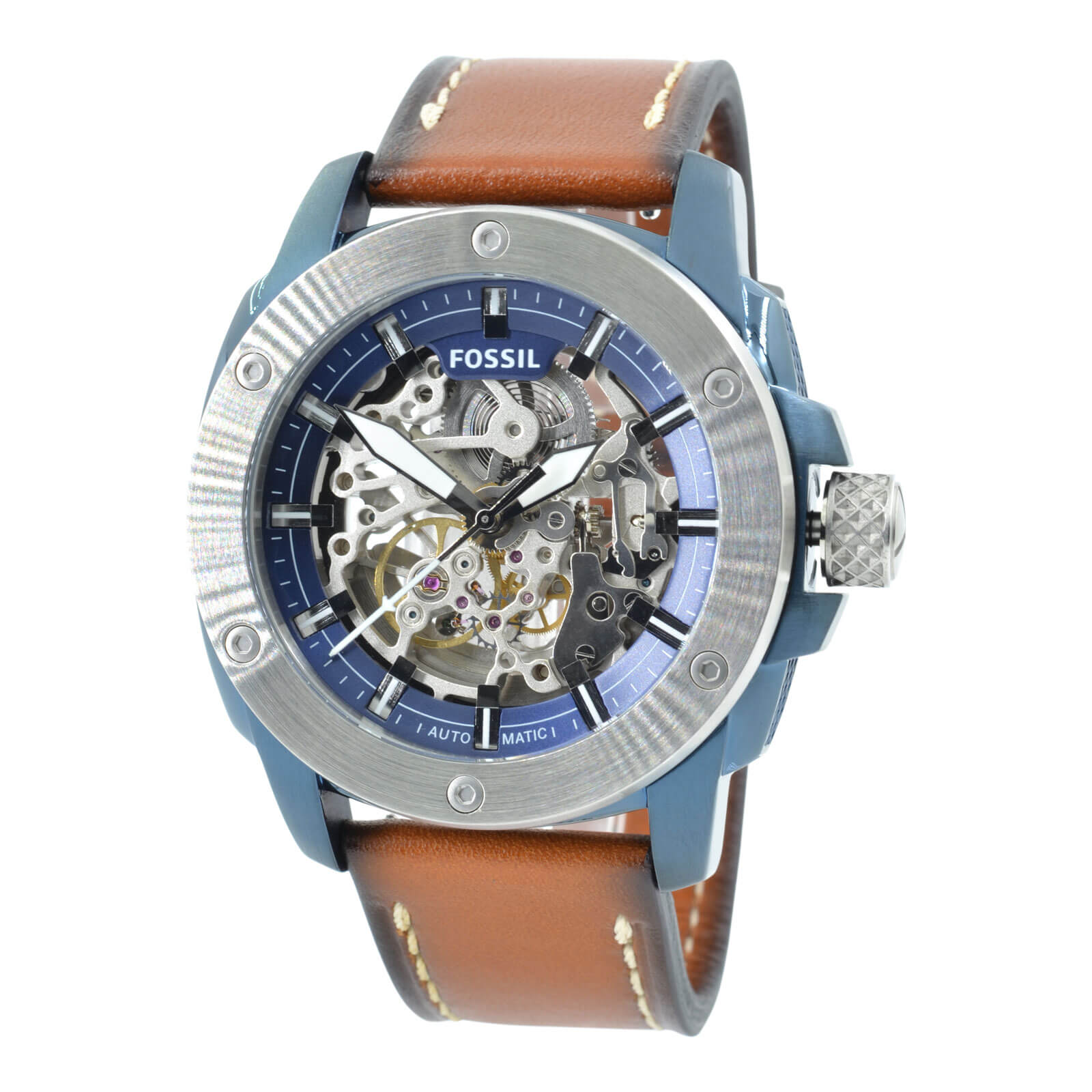  Shop Authentic Fossil Modern Machine Automatic Skeleton Silver Dial Brown Leather Strap Watch for Men - ME3135 - Luxxuri