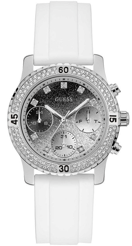  Shop Authentic Guess Confetti Crystal Black Dial White Silicone Strap Watch For Women - W1098L1 - Luxxuri