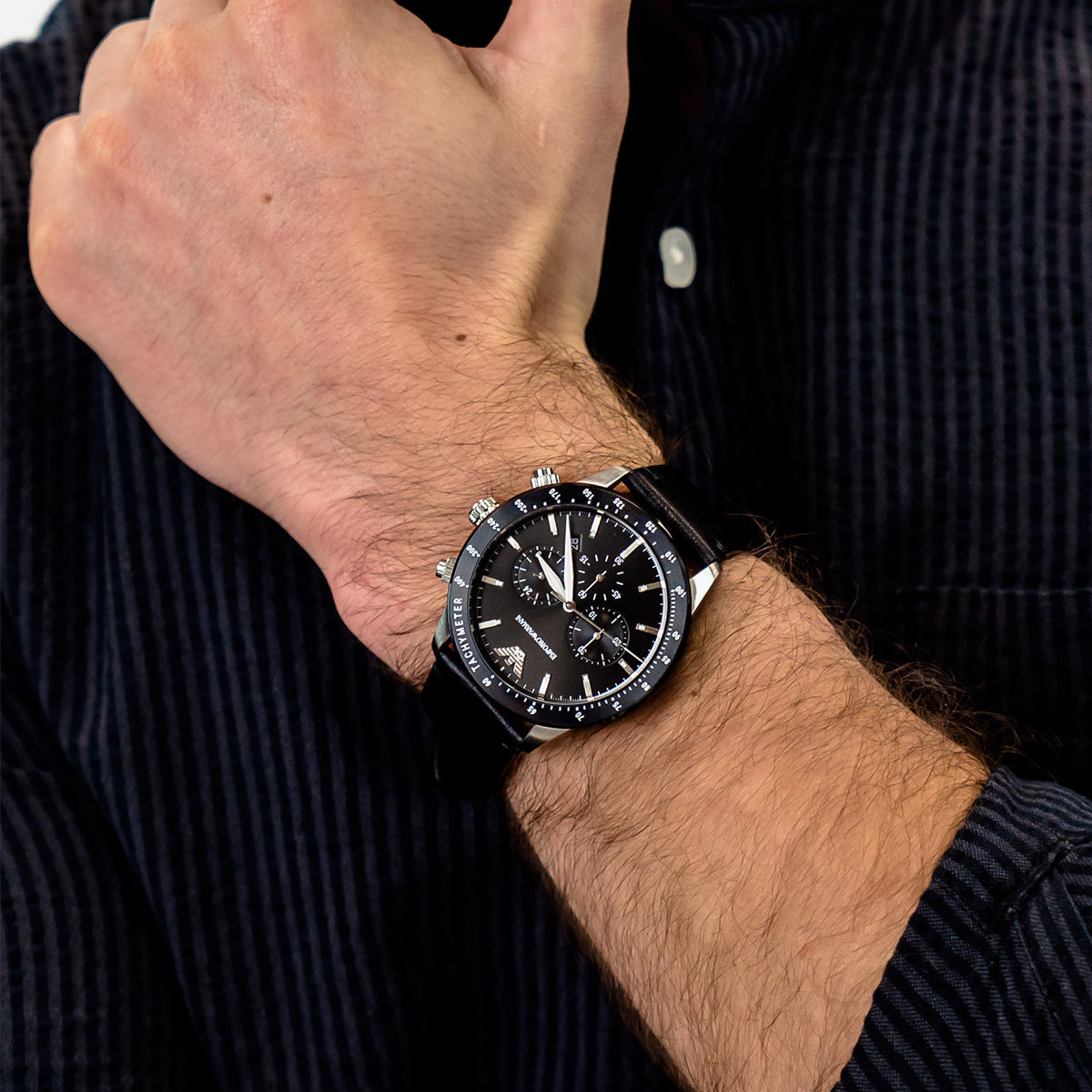  Shop Authentic Emporio Armani Mario Chronograph Black Dial Black Leather Strap Watch For Men - AR11243 - Luxxuri