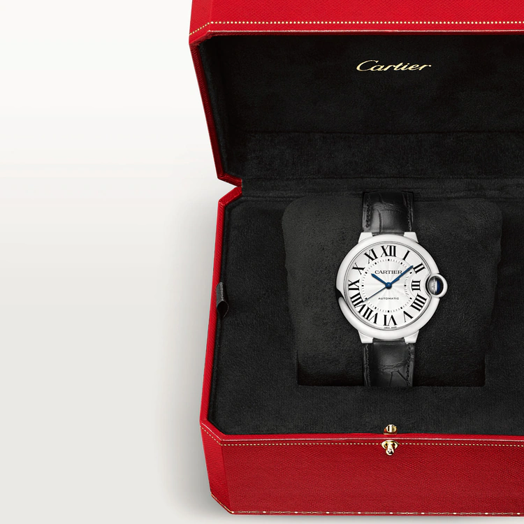  Shop Authentic Cartier Ballon Bleu De Cartier Silver Dial Black Leather Strap Watch for Women - WSBB0028 - Luxxuri