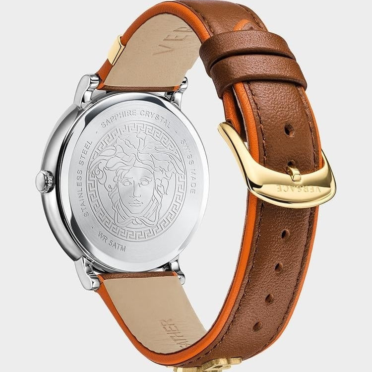  Shop Authentic Versace V-Circle Quartz Mother of Pearl Dial Brown Leather Strap Watch for Women - VBP03017 - Luxxuri