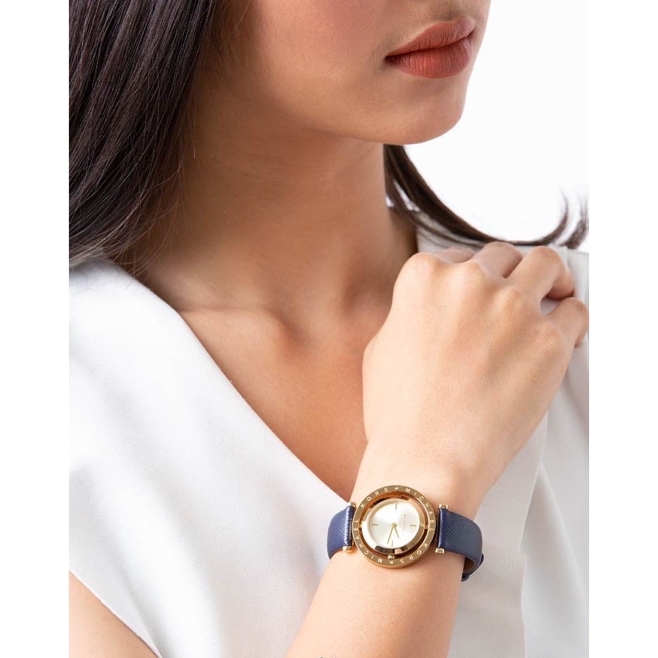  Shop Authentic Michael Kors Averi Gold Dial Navy Blue Leather Strap Watch for Women - MK2526 - Luxxuri