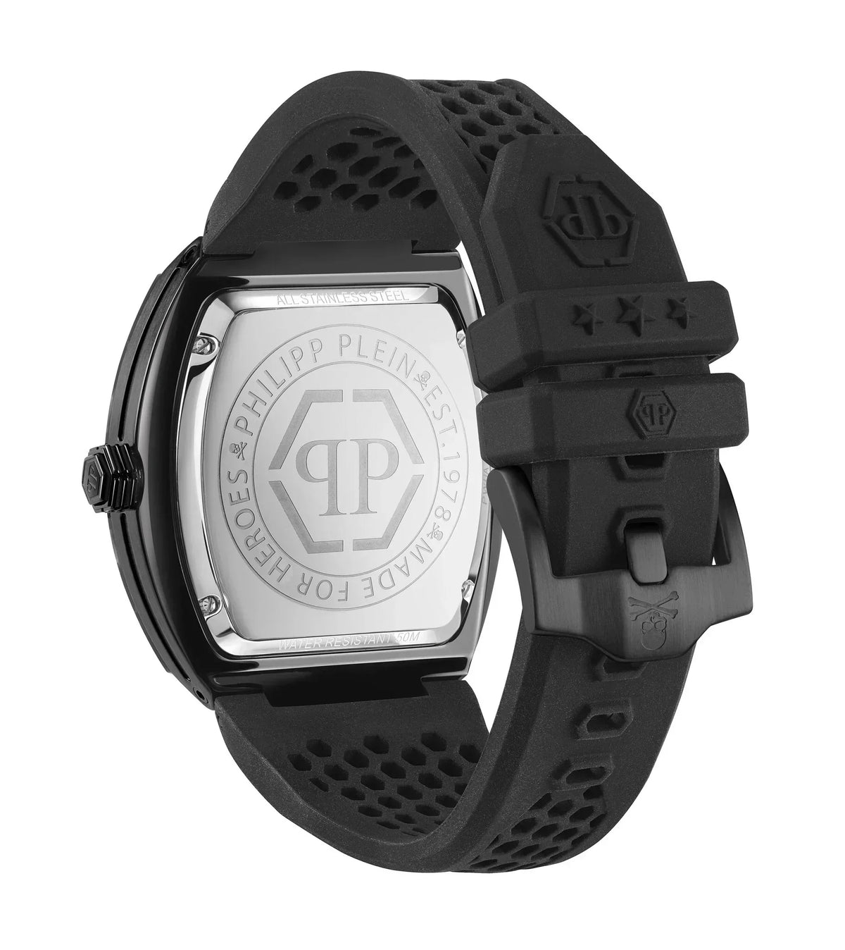 Philipp Plein Hexagon Phantom Black Dial Black Silicone Strap Watch For Men- PWPUA0624