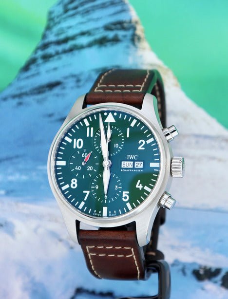 Shop Authentic IWC Pilot's Watch Chronograph Edition Racing Green 43mm Green Dial Brown Leather Strap Watch for Men - IW377726 - Luxxuri