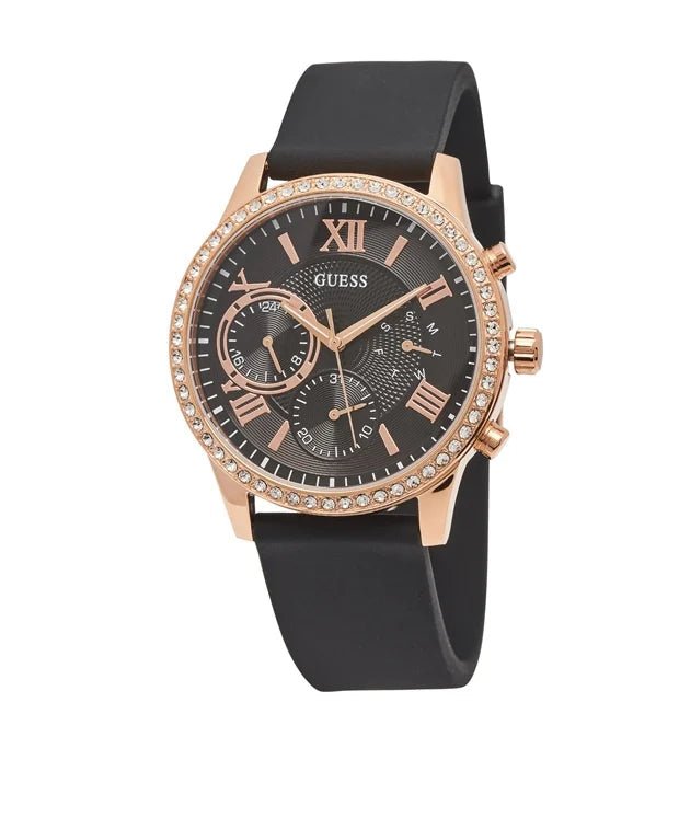  Shop Authentic Guess Solar 40mm Black & Rose Gold Dial Black Rubber Strap Watch For Women - W1135L4 - Luxxuri