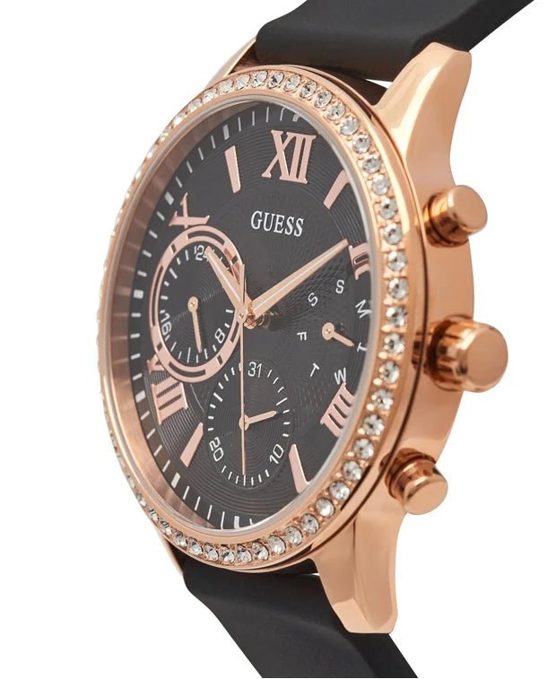  Shop Authentic Guess Solar 40mm Black & Rose Gold Dial Black Rubber Strap Watch For Women - W1135L4 - Luxxuri