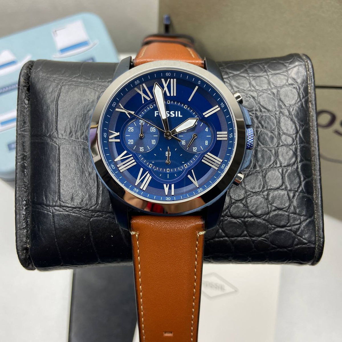  Shop Authentic Fossil Grant Chronograph Blue Dial Brown Leather Strap Watch for Men - FS5151 - Luxxuri