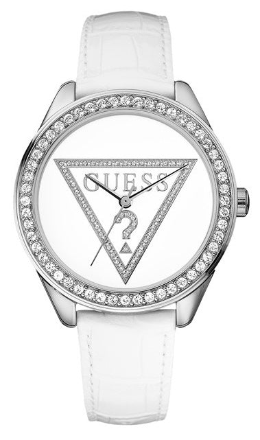  Shop Authentic Guess Mini Triangle Quartz Diamonds Silver Dial White Leather Strap Watch For Women - W65006L1 - Luxxuri