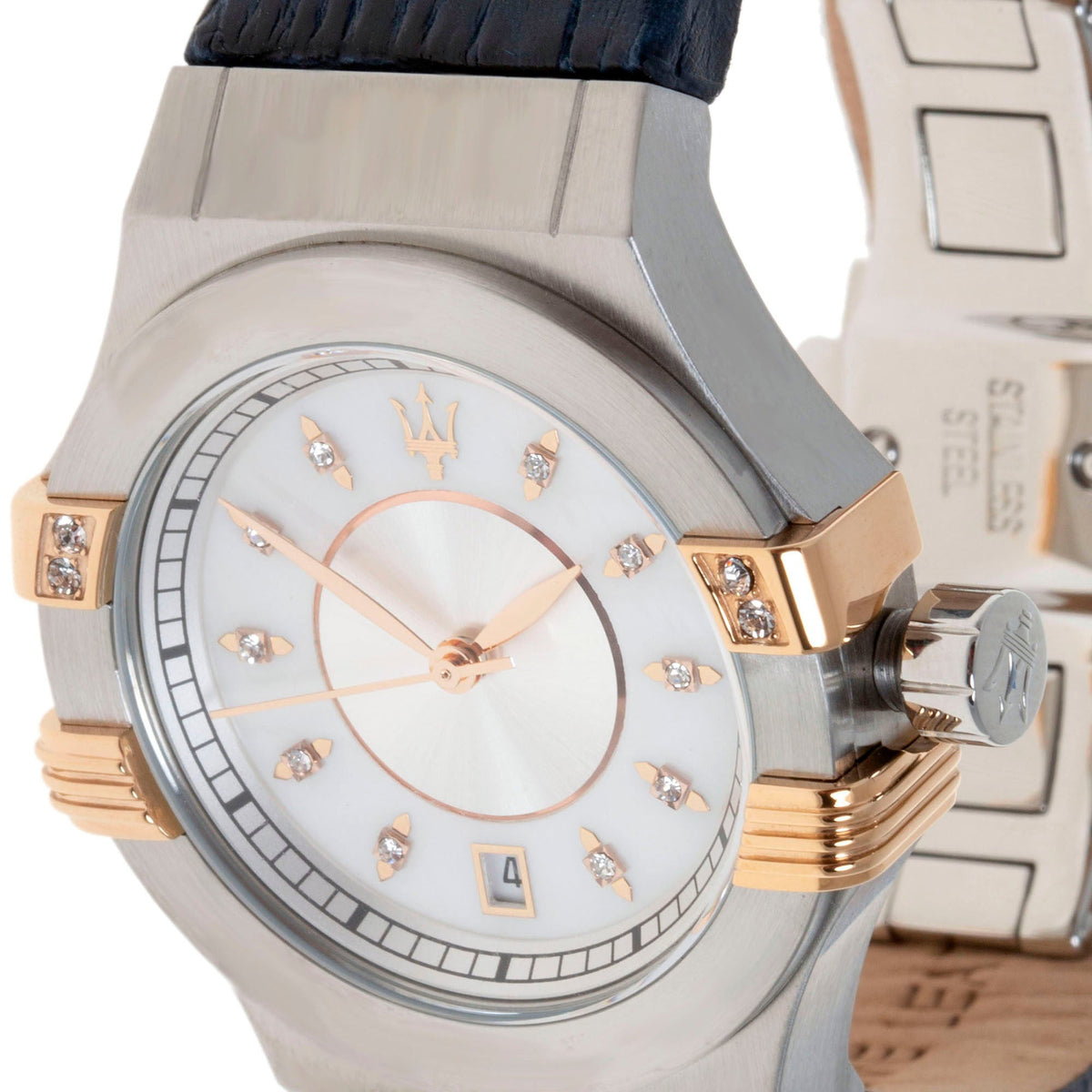  Shop Authentic Maserati Potenza Diamonds Silver Dial Blue Leather Strap Watch For Women - R8851108502 - Luxxuri