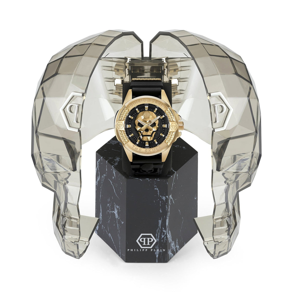 Philipp Plein The Skull Gold Dial Black Silicone Strap Watch for Men - PWAAA0221