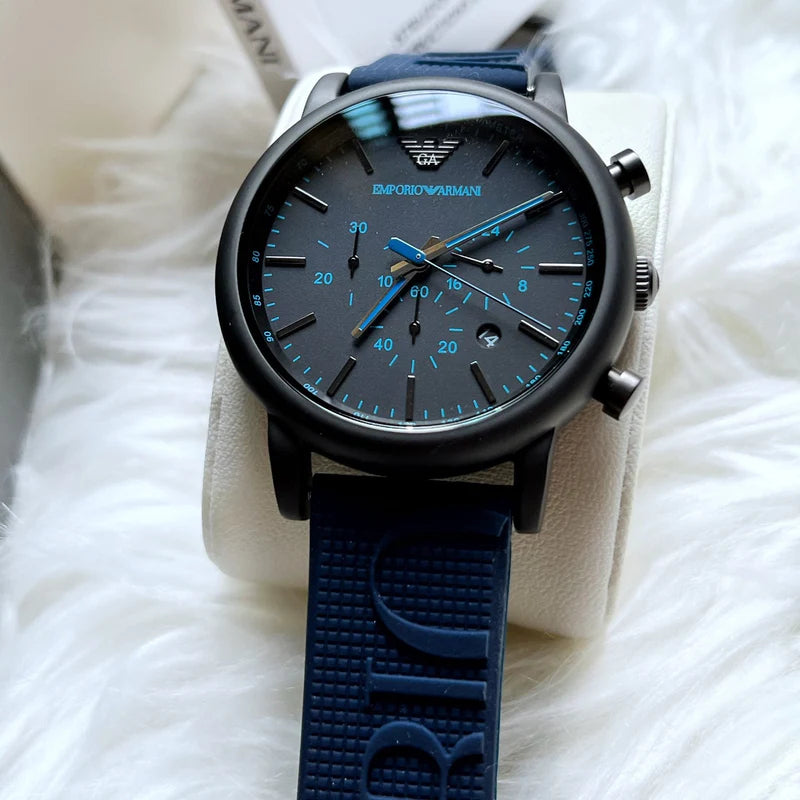  Shop Authentic Emporio Armani  Luigi Chronograph Black Dial Blue Rubber Strap Watch For Men - AR11023 - Luxxuri